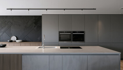 Modern kitchen design with sleek gray cabinetry and island