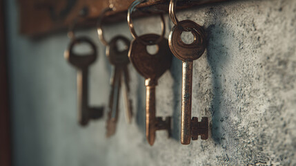 un grupo de llaves colgando en la pared en la entrada de un lugar o casa a un lado de la puerta de la entrada lugar practico y funcional 