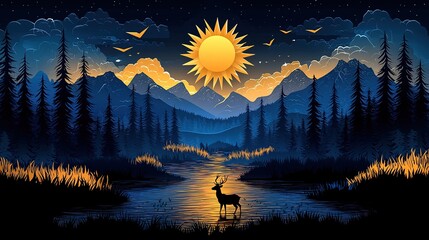 3D Wallpaper of Dark Blue and Gold Forest with Deer, Mountains and River

