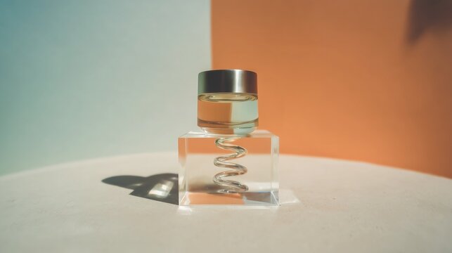 Modern skincare product jar with metallic lid on transparent block, stylish two-tone background, ideal for wallpaper, poster and beauty cosmetic design.