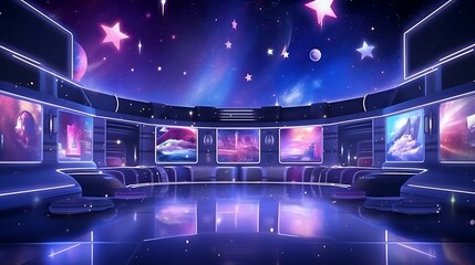 Futuristic Holographic Entertainment Arena with Cosmic Displays and Neon Lighting