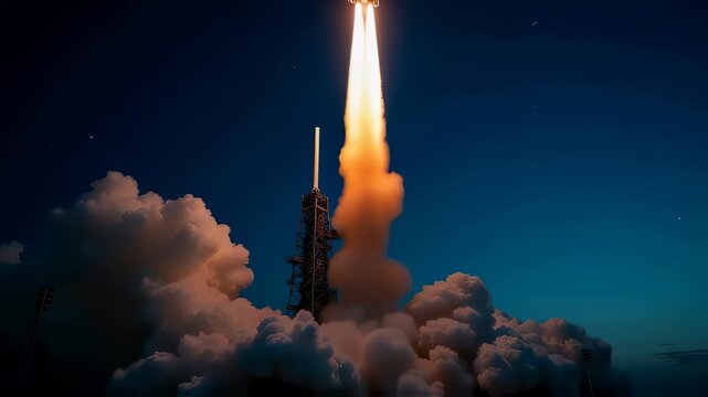Rocket launch at sunset with fire and smoke. Space exploration and industry concept