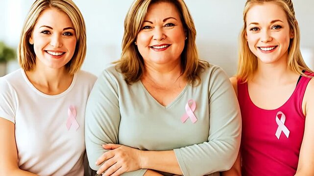 Three Generations of Women United for Breast Cancer Awareness, Smiling with Pink Ribbons of Support and Hope