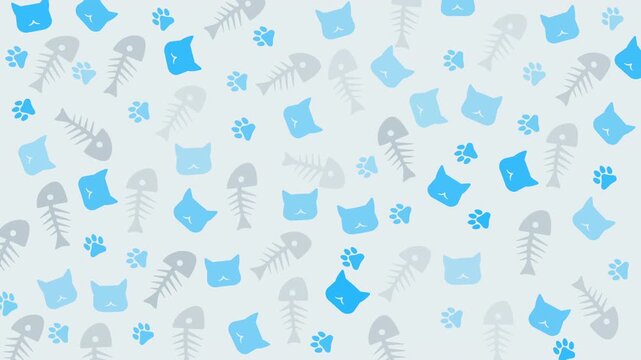 Pattern animal light blue backdrop with cats, fishbones, pawprints. Perfect for pet products branding, childrens items, and animalthemed designs.