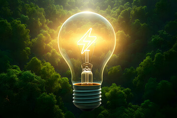Lightbulb with lightning bolt in forest