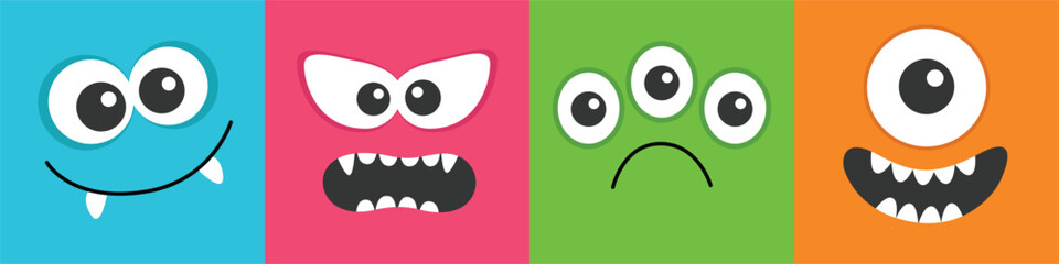 Happy Halloween. Monster set icon line. Funny face head colorful silhouette. Cute kawaii cartoon baby character. Eyes teeth fang horn tongue hands. Flat design. Black background. Vector illustration