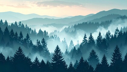 Panoramic view of a serene coniferous forest shrouded in mystical morning mist, revealing layers of rolling hills and majestic pine trees