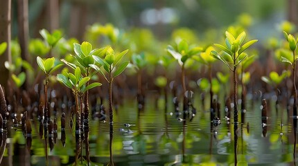 Young mangrove seedling coastal wetland lagoon estuary shoreline tidal water reflection green leaf sapling conservation restoration growth serene