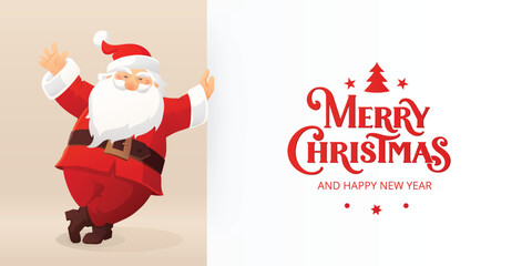 Cheerful Santa Claus waving next to Merry Christmas and Happy New Year text. Festive cartoon vector with copy space and text space, perfect for greeting cards, posters, and holiday banners.