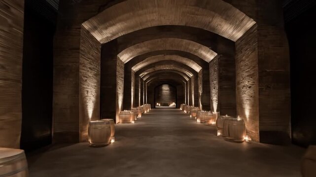 Underground arched tunnel with barrels and warm lighting inviting perspective