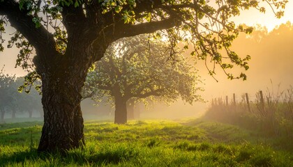 A sunrise scene with blooming trees in a grassy field, bathed in golden light, with a misty background. A fence is visible
