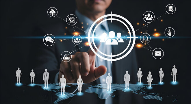 Businessman touching a target audience network interface - Powered by Adobe