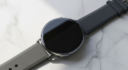 Modern smartwatch isolated on white background showcasing a sleek black screen, textured bezel, and gray silicone strap, blending technology with contemporary design