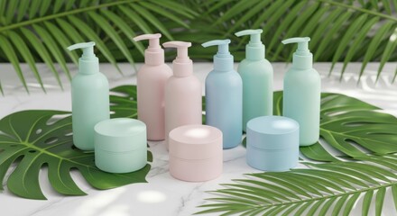 Pastel skincare product collection with natural leaves, showcasing a range of bottles and jars for beauty and personal care on a white marble background