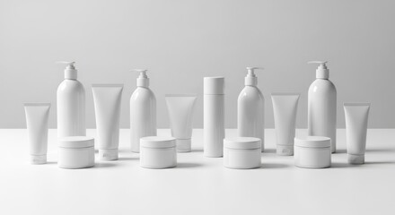 Monochrome skincare product line isolated on white background, featuring a range of white bottles, tubes, and jars for a clean and minimalist beauty concept