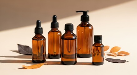 Amber glass bottles with essential oils and leaves on beige background, showcasing natural skincare and aromatherapy products for wellness and relaxation