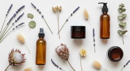 Amber glass skincare product assortment with dried flowers isolated on white background, showcasing natural beauty and wellness essentials for a minimalist aesthetic