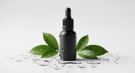 Black dropper bottle with water droplets and green leaves isolated on white background, highlighting natural skincare and beauty product arrangement