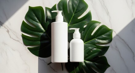 White cosmetic bottles with pump isolated on white background, surrounded by lush green monstera leaves, showcasing natural beauty and skincare products