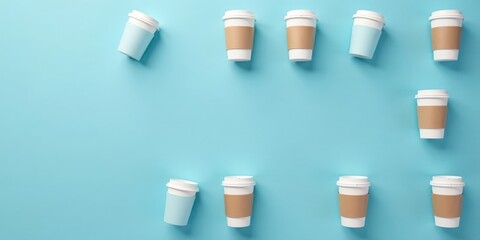 A refreshing arrangement of disposable cups on a light blue background, showcasing a variety of colors and sleeve options