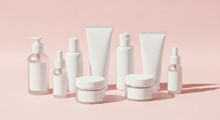 Elegant assortment of skincare products on a soft pink backdrop, featuring bottles, jars, and tubes for a complete beauty routine, showcasing minimalist design