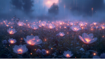 Obraz premium Glowing Flowers in Magical Misty Meadow, Fantasy Nature Landscape, Dreamy Light Wallpaper Background