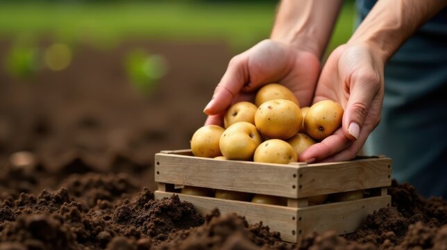 Hands gently placing freshly harvested potatoes into a wooden crate in a garden