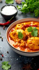 Close-up of creamy chicken curry dish served with rice and spices