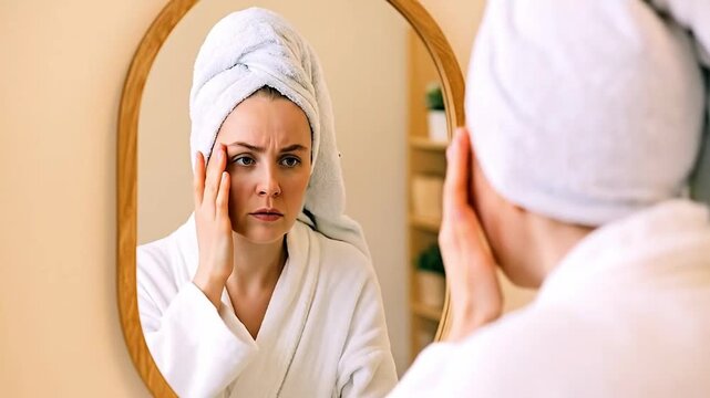 Worried Young Woman in Towel and Robe Examining Acne and Blemishes in Mirror, Reflecting Skin Concern and Self-Consciousness