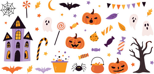 Colorful Cute Halloween Elements Collection with Pumpkins, Ghosts, Candy and Decorations