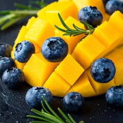 Close-up of ripe mango cut into cubes, garnished with fresh blueberries