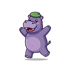 Obraz premium Cute cartoon hippopotamus with a leaf on its head dancing happily.
