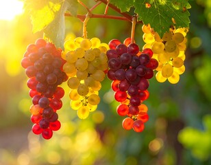 Close-up of ripening grape clusters in sunlight, showing various colors