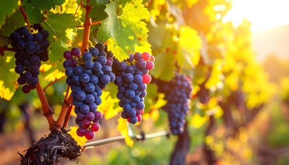 Close-up of ripe, dark grapes hanging on vines at sunset