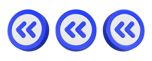 3d rendering design of double blue left arrow icon symbol in rounded frame