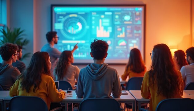 Students attend data visualization lesson in classroom. Teacher explains graphs on interactive display. Pupils study, collaborate, learn using technology in modern school. Education concept with