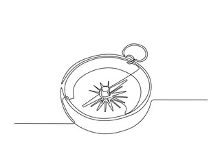 Fototapeta premium Magnetic compass equipment in single outline illustration. Continuous line art drawing of. Land, sea, navigation, adventure, geography compass.