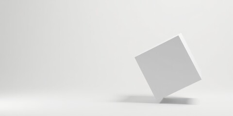 A single, pristine white cube subtly tilted, resting on a minimalist, bright white surface, creating a sense of calm and geometric balance