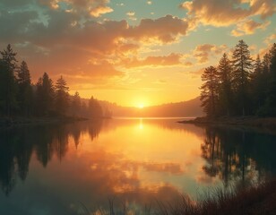 Fototapeta premium Beautiful calm lake with forest during sunrise. Sun reflecting in water. Clouds in sky. Nature landscape background. Scenery with trees. Relaxing scenic view with golden sun. Travel adventure.