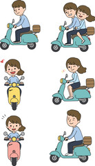Cartoon scooter riders, joyful travel, couple riding, heart symbols, musical notes, teal scooter, pink scooter, fun