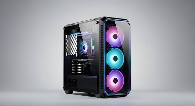 Computer Case with Glowing RGB Fans on Grey Background - Powered by Adobe
