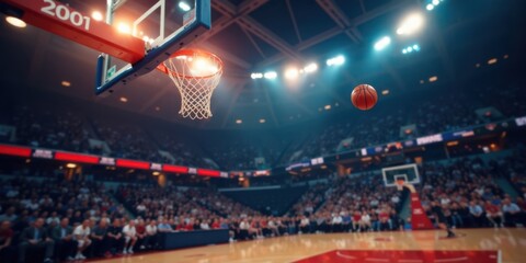 A basketball game's dramatic moment captured the ball soaring toward the hoop, a packed arena buzzing with anticipation, the focus sharply on the imminent score.