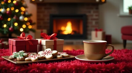 Fototapeta premium Cozy Christmas Eve fireside scene featuring gifts, gingerbread cookies, and a warm beverage