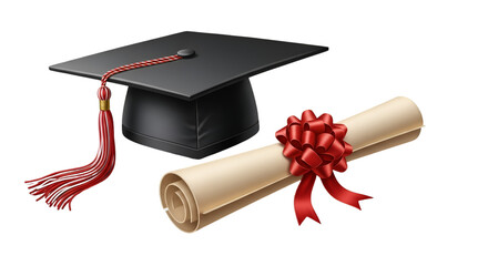 Graduation Cap and Diploma with Red Ribbon