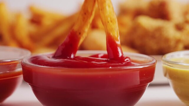 Close up shot of hand dipping french fries into ketchup. Tasty set of french fries, chicken wings, nuggets and onion rings. Fast food concept. High quality 4k footage