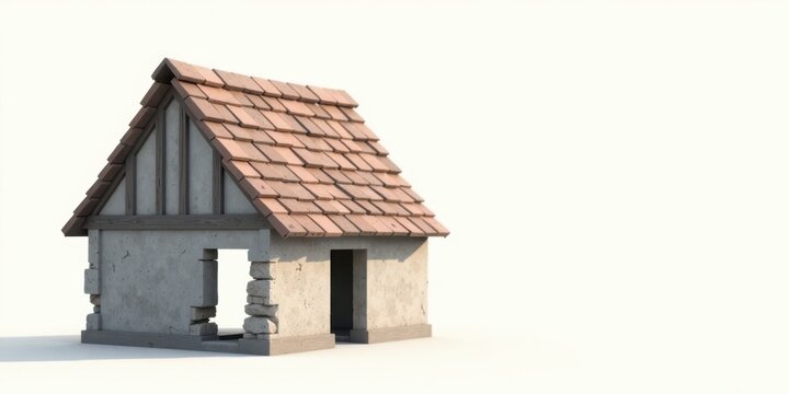 A Rustic Cottage Model with a Damaged Stone Wall and Clay Tile Roof, a Symbolic Representation of Rural Decay or Abandonment