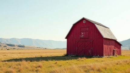 Rustic Red Barn Standing Alone in a Serene Meadow Under a Clear Sky with Distant Rolling Hills