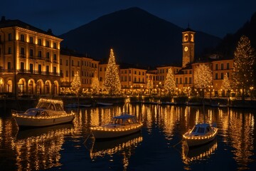 Fototapeta premium A luxury lakeside town reflecting shimmering Christmas lights on calm water, with boats wrapped in twinkling garlands. 