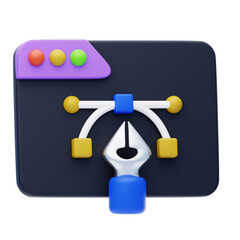 3D Vector Pen Tool Icon Representing Graphic Design and Digital Art Creation on a Dark Background with Colorful Nodes and a Browser Window Interface