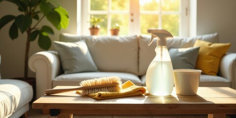 Sunlight Illuminates a Cozy Living Room Cleaning Scene with a Natural Bristle Brush, Spray Bottle, and Small Container